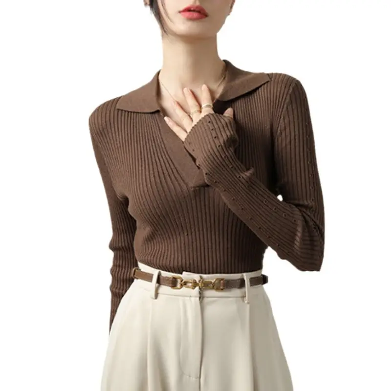 2024 Women's Long Sleeve Black Knit Top with Belt - Image 6