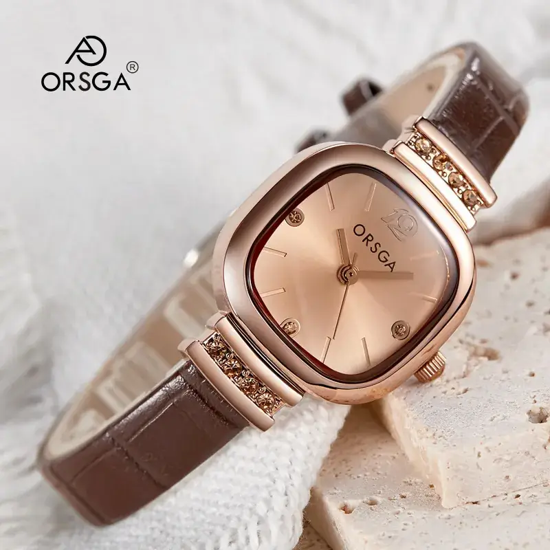 Oshica Women's Quartz Watch Brown Leather Band Square Face - Image 2
