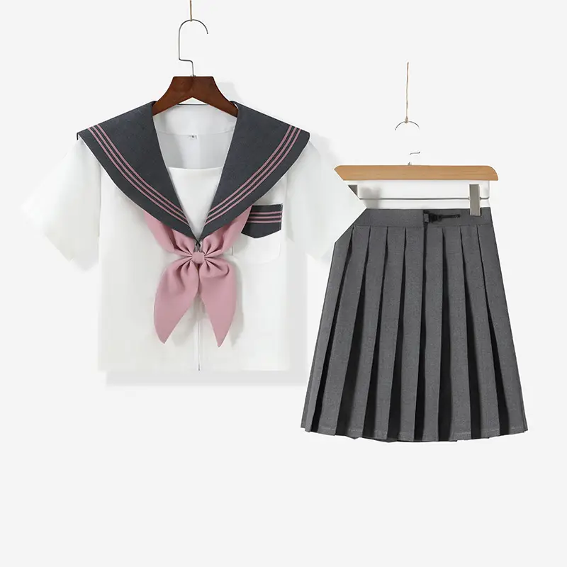Japanese Embroidered Sailor Suit Grey Pleated Skirt Set - Image 2