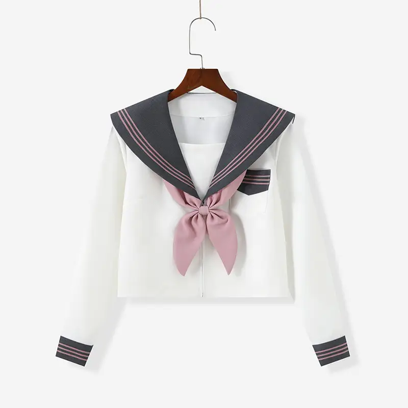 Japanese Embroidered Sailor Suit Grey Pleated Skirt Set - Image 3