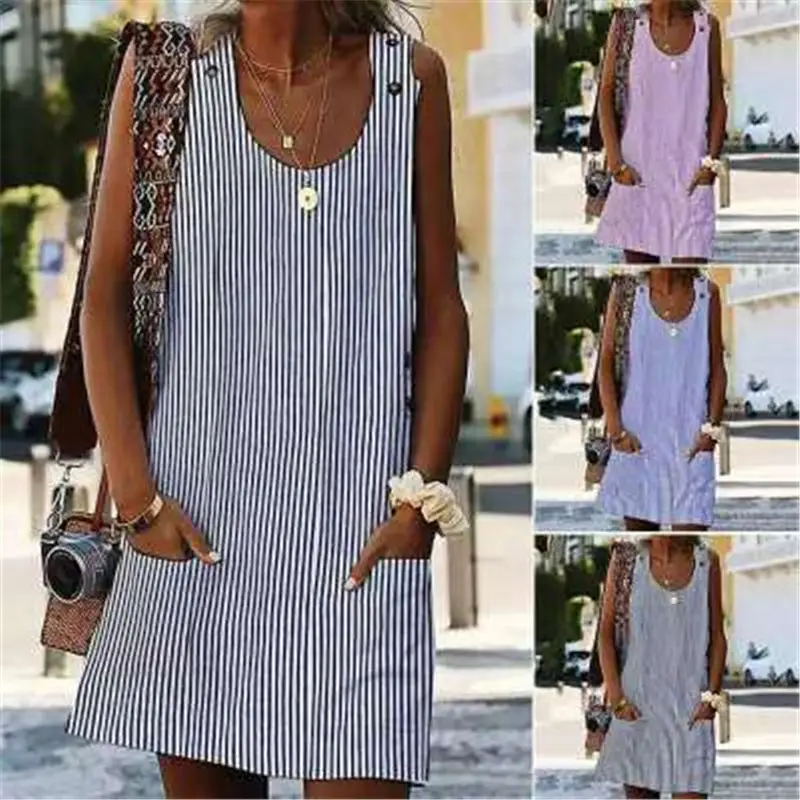 2022 Striped Strap Dress with Pocket for Women - Image 2