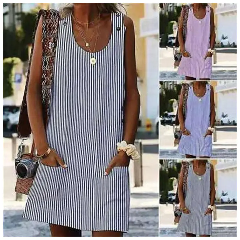 2022 Striped Strap Dress with Pocket for Women — feature 14