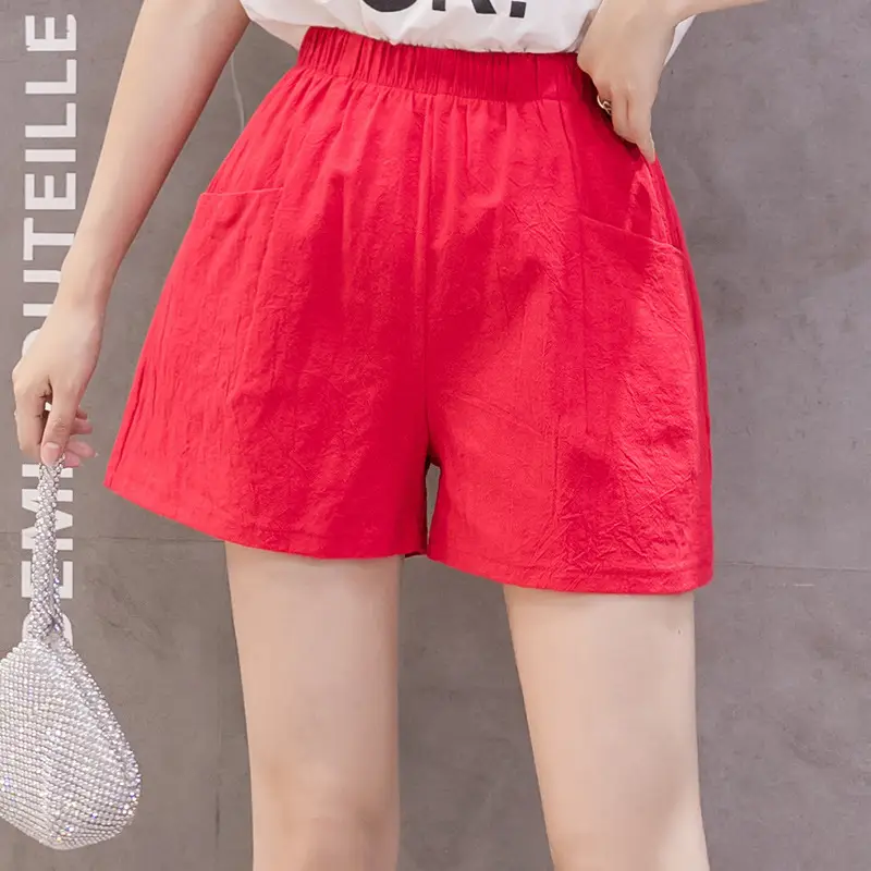 Women's Red Linen High Waist Shorts Plus Size - Image 3