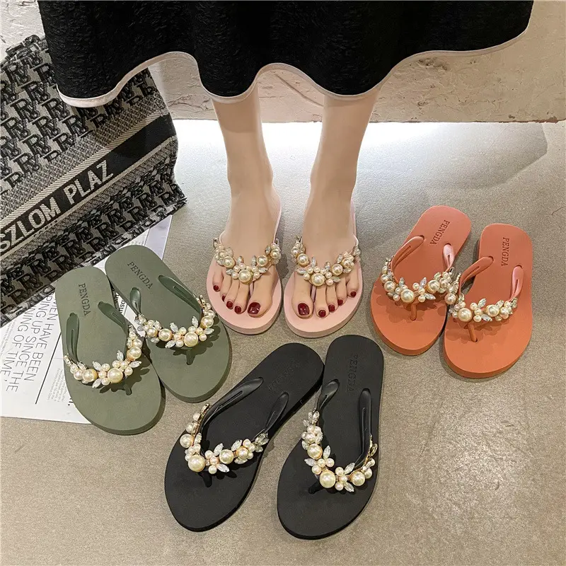 Women Pearl Rhinestone Sandals Summer Flip Flops