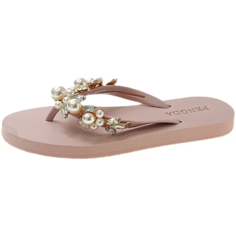 Women Pearl Rhinestone Sandals Summer Flip Flops