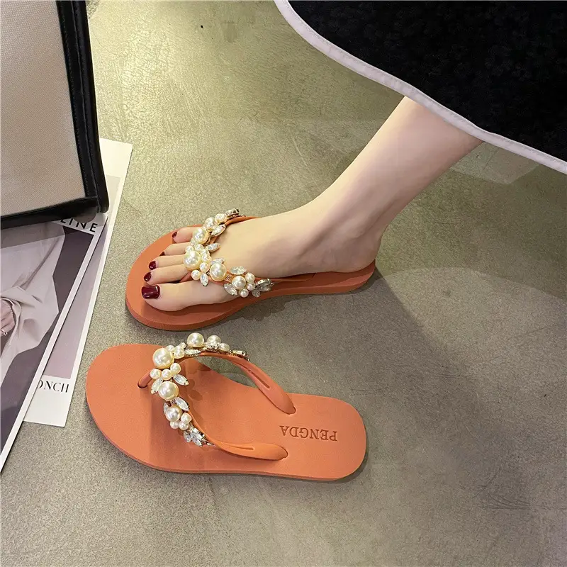 Women Pearl Rhinestone Sandals Summer Flip Flops