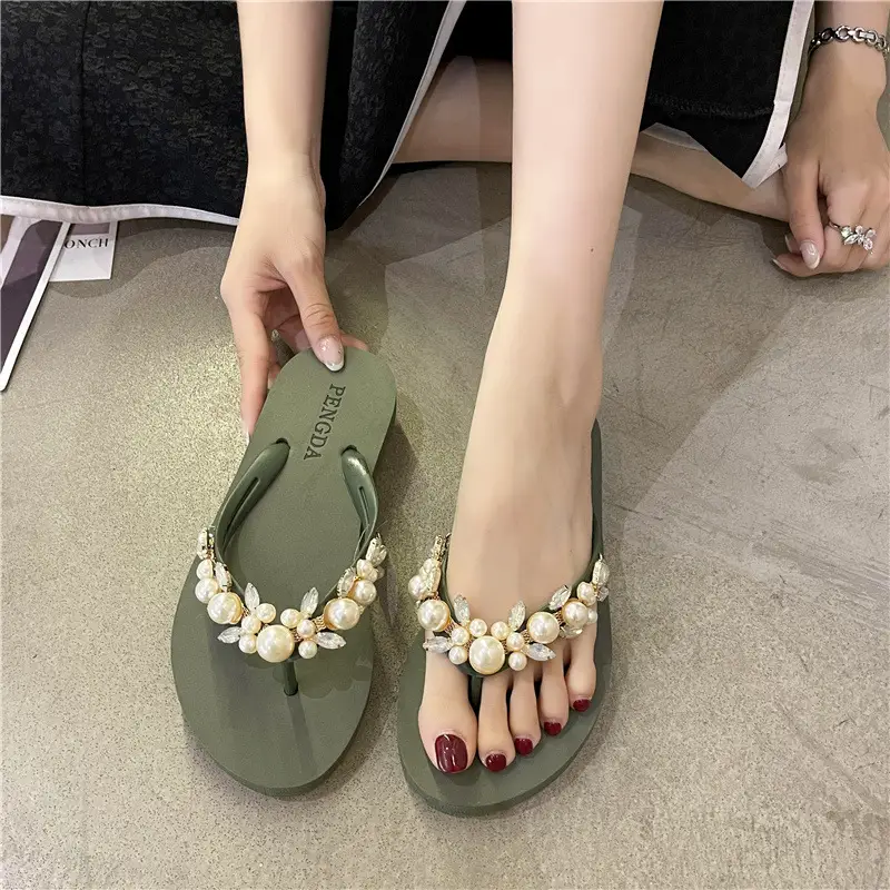 Women Pearl Rhinestone Sandals Summer Flip Flops