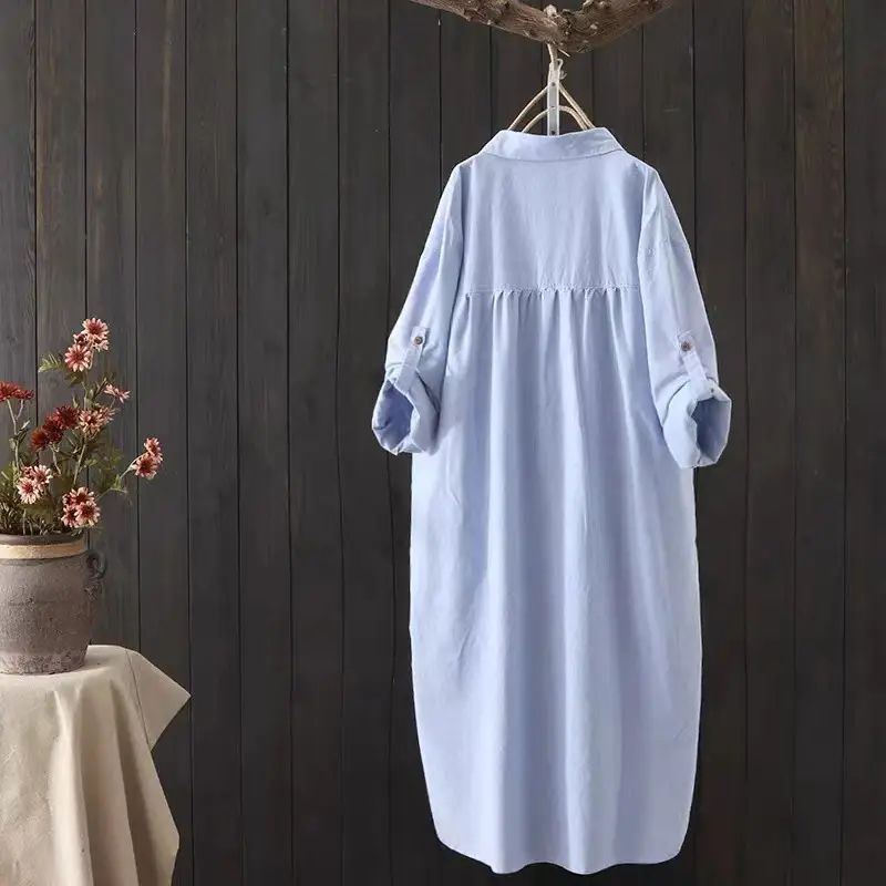 Women Sun-protecting Korean-style Cotton Shirt Light Blue - Image 4
