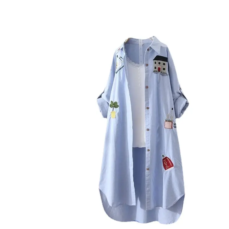 Women Sun-protecting Korean-style Cotton Shirt Light Blue - Image 5