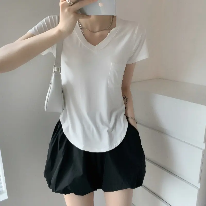 Women White V Neck Modal T-Shirt Summer Loose Slimming - Image 5
