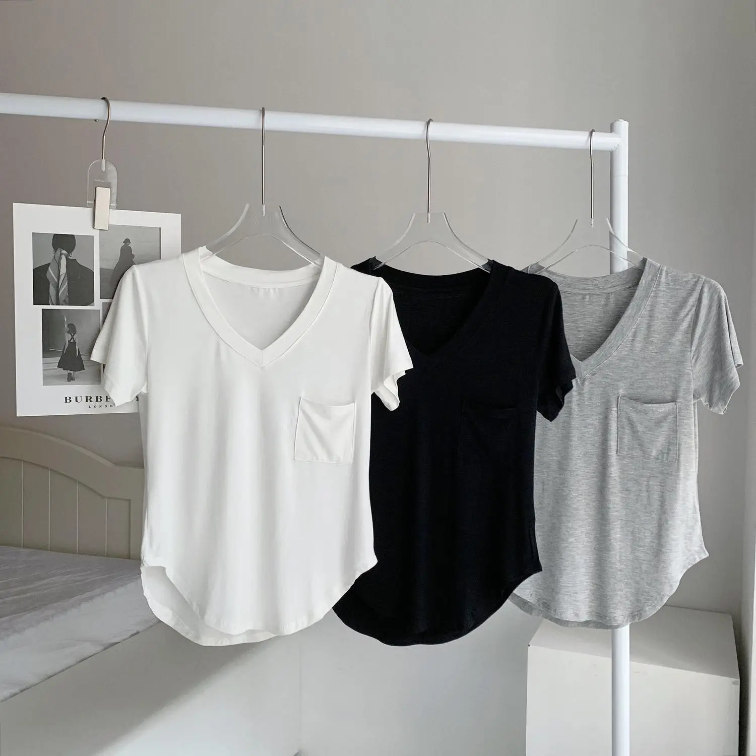Women White V Neck Modal T-Shirt Summer Loose Slimming — feature 1