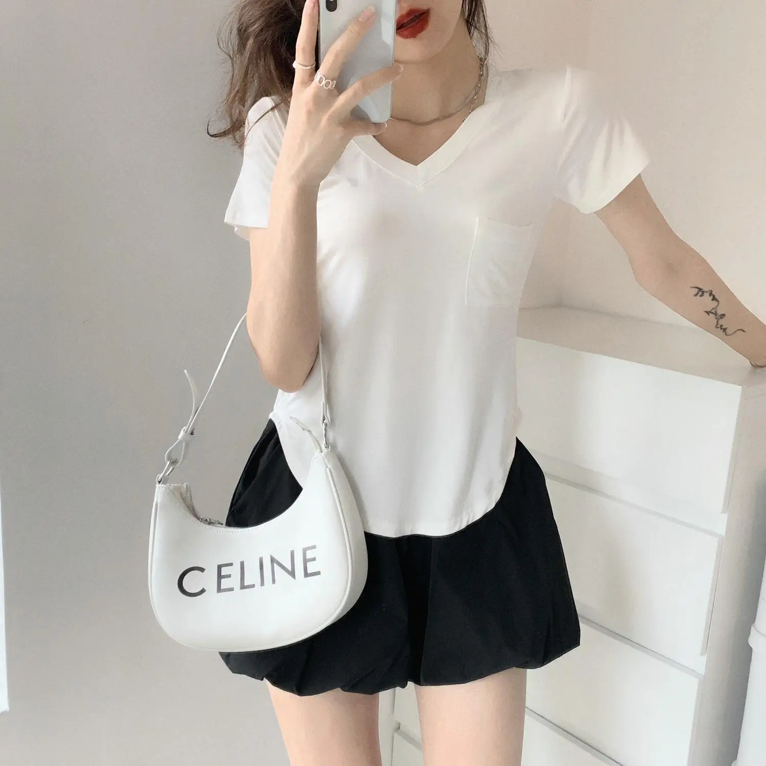 Women White V Neck Modal T-Shirt Summer Loose Slimming — feature 10