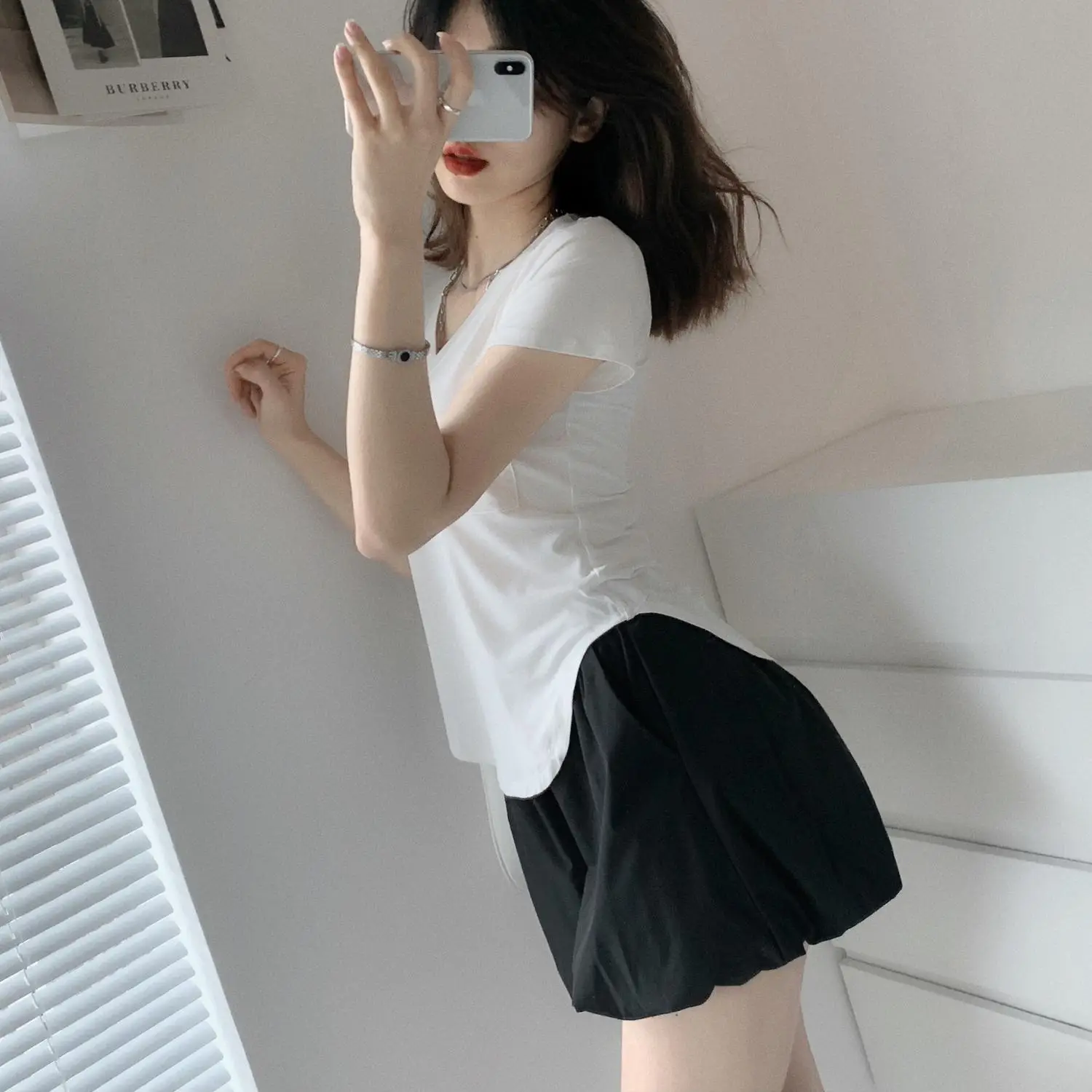 Women White V Neck Modal T-Shirt Summer Loose Slimming — feature 11