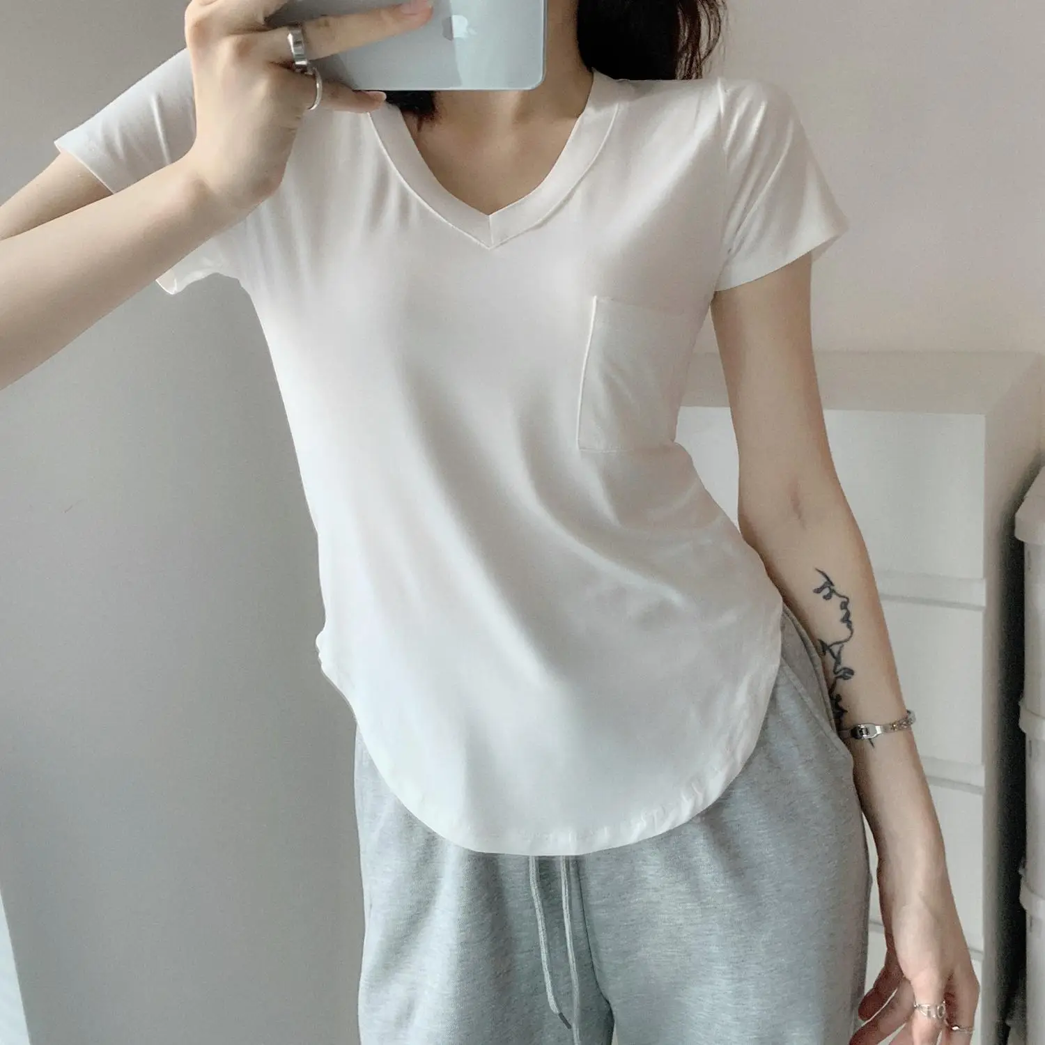 Women White V Neck Modal T-Shirt Summer Loose Slimming — feature 14