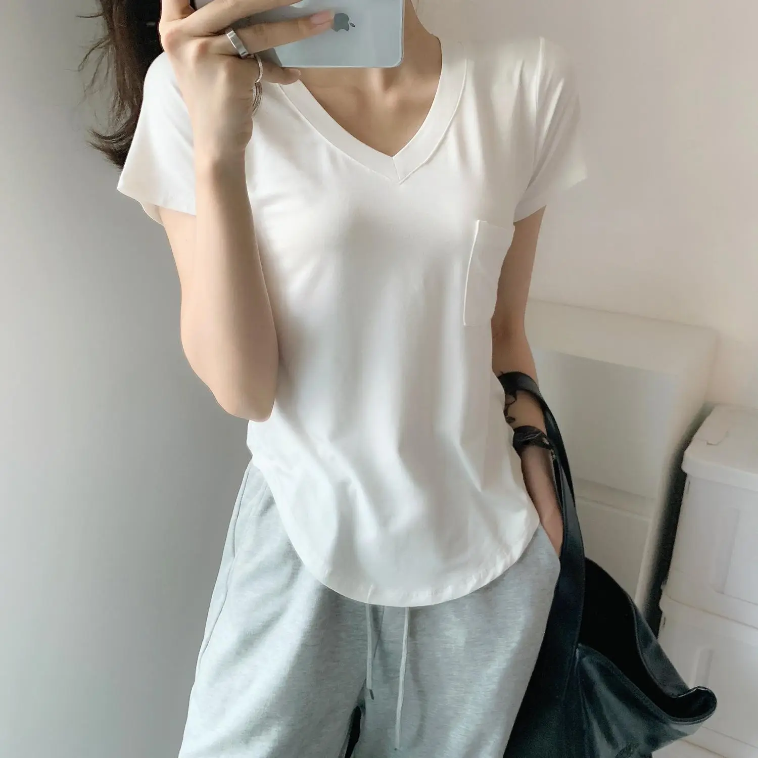 Women White V Neck Modal T-Shirt Summer Loose Slimming — feature 15