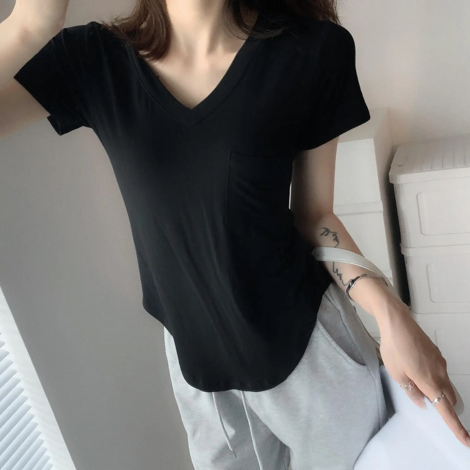 Women White V Neck Modal T-Shirt Summer Loose Slimming — feature 16