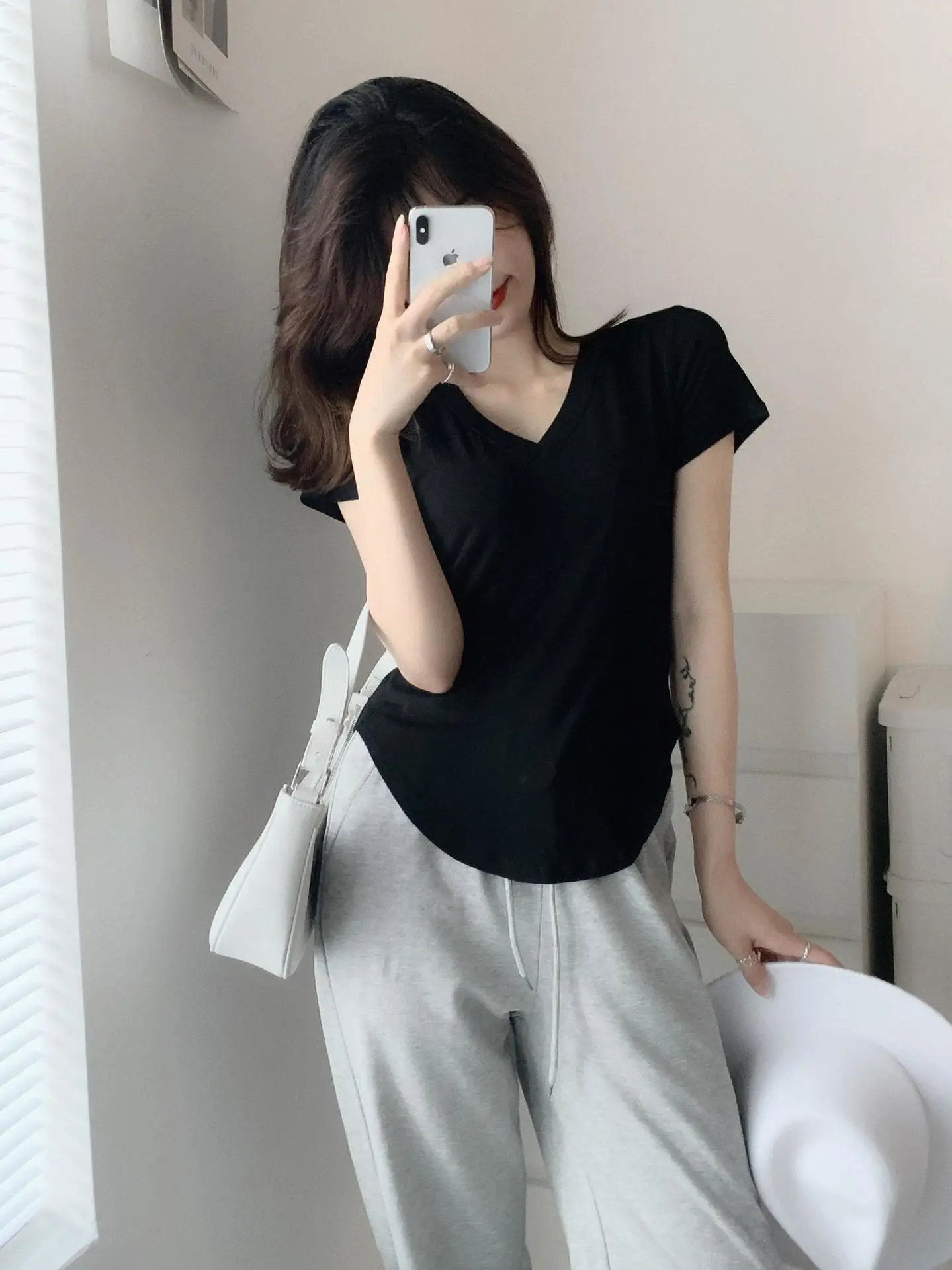 Women White V Neck Modal T-Shirt Summer Loose Slimming — feature 17