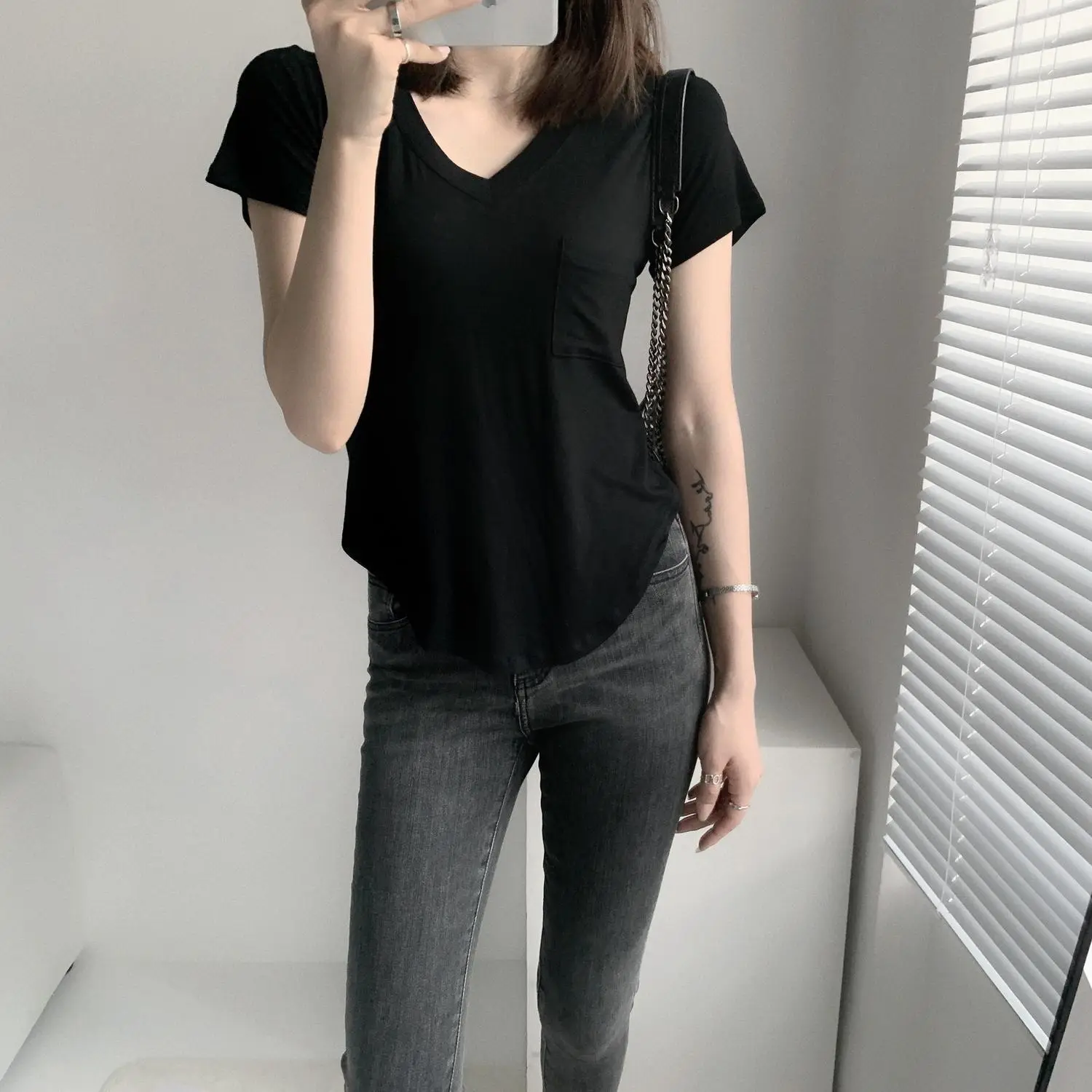 Women White V Neck Modal T-Shirt Summer Loose Slimming — feature 20