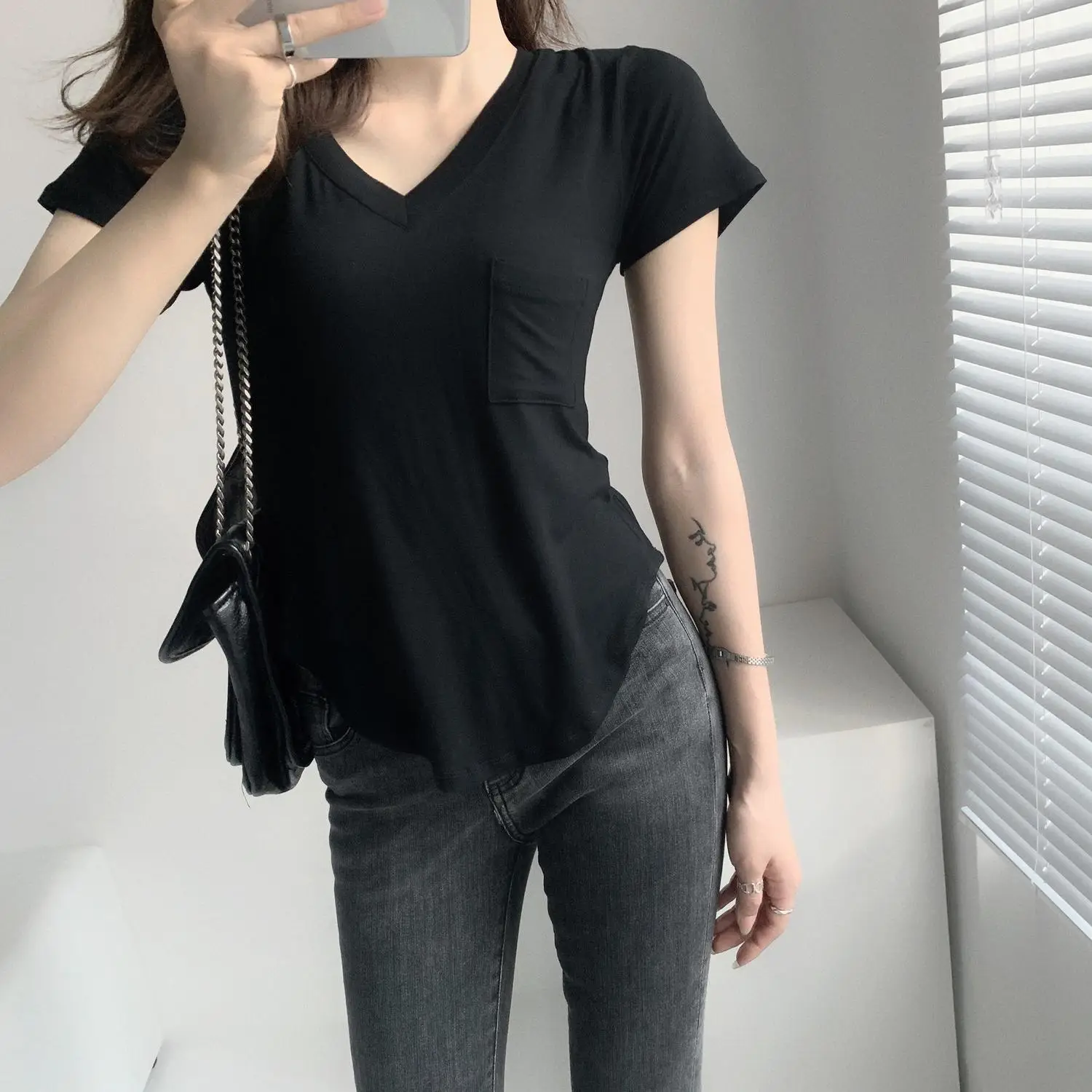 Women White V Neck Modal T-Shirt Summer Loose Slimming — feature 22