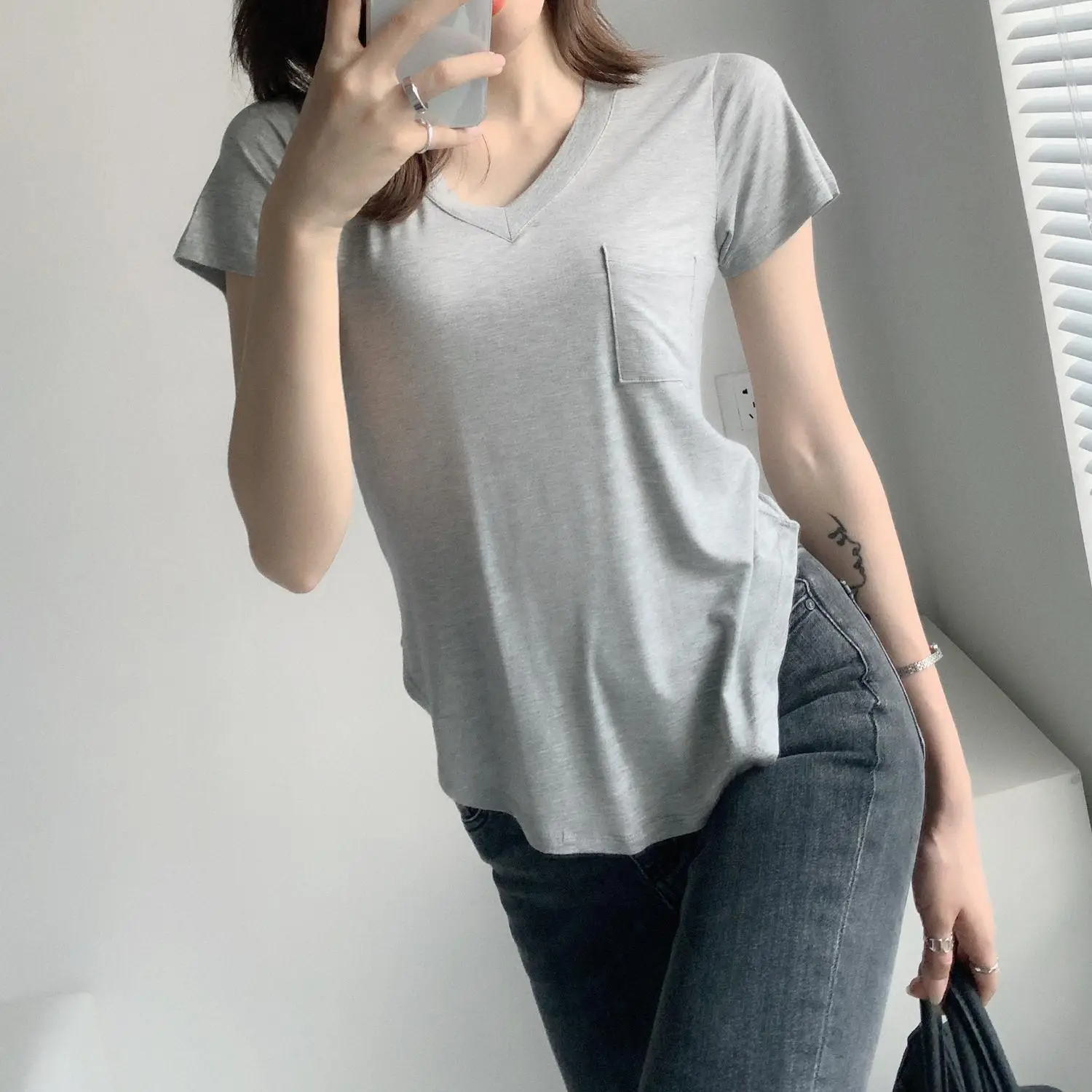 Women White V Neck Modal T-Shirt Summer Loose Slimming — feature 23