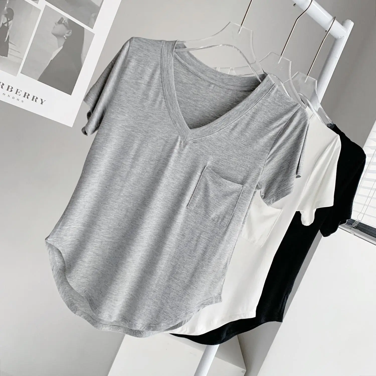 Women White V Neck Modal T-Shirt Summer Loose Slimming — feature 3