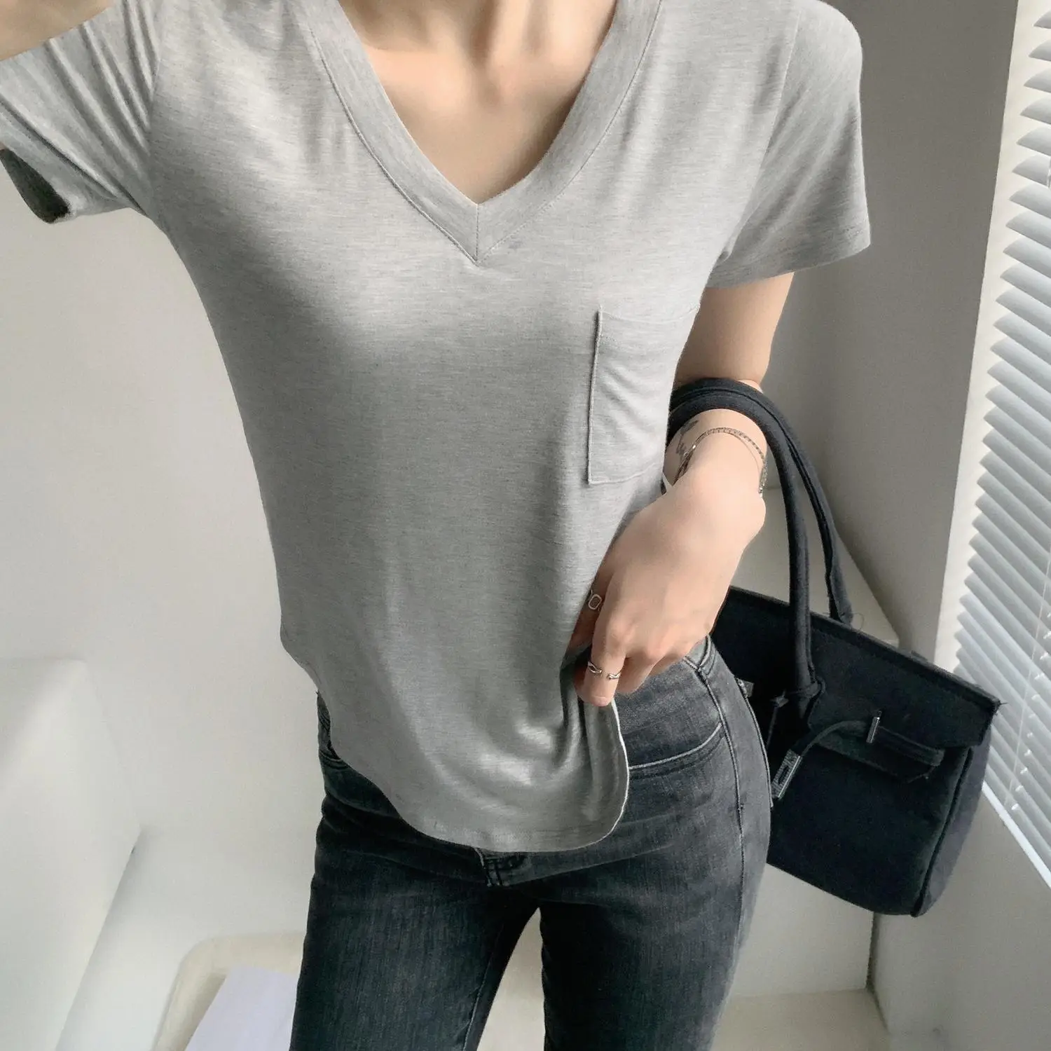 Women White V Neck Modal T-Shirt Summer Loose Slimming — feature 30