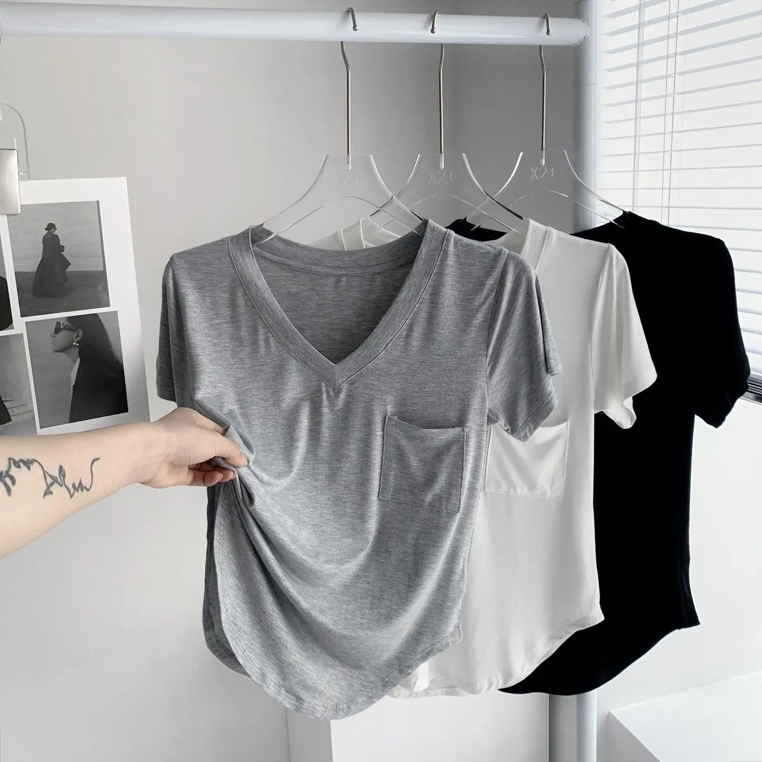 Women White V Neck Modal T-Shirt Summer Loose Slimming — feature 5