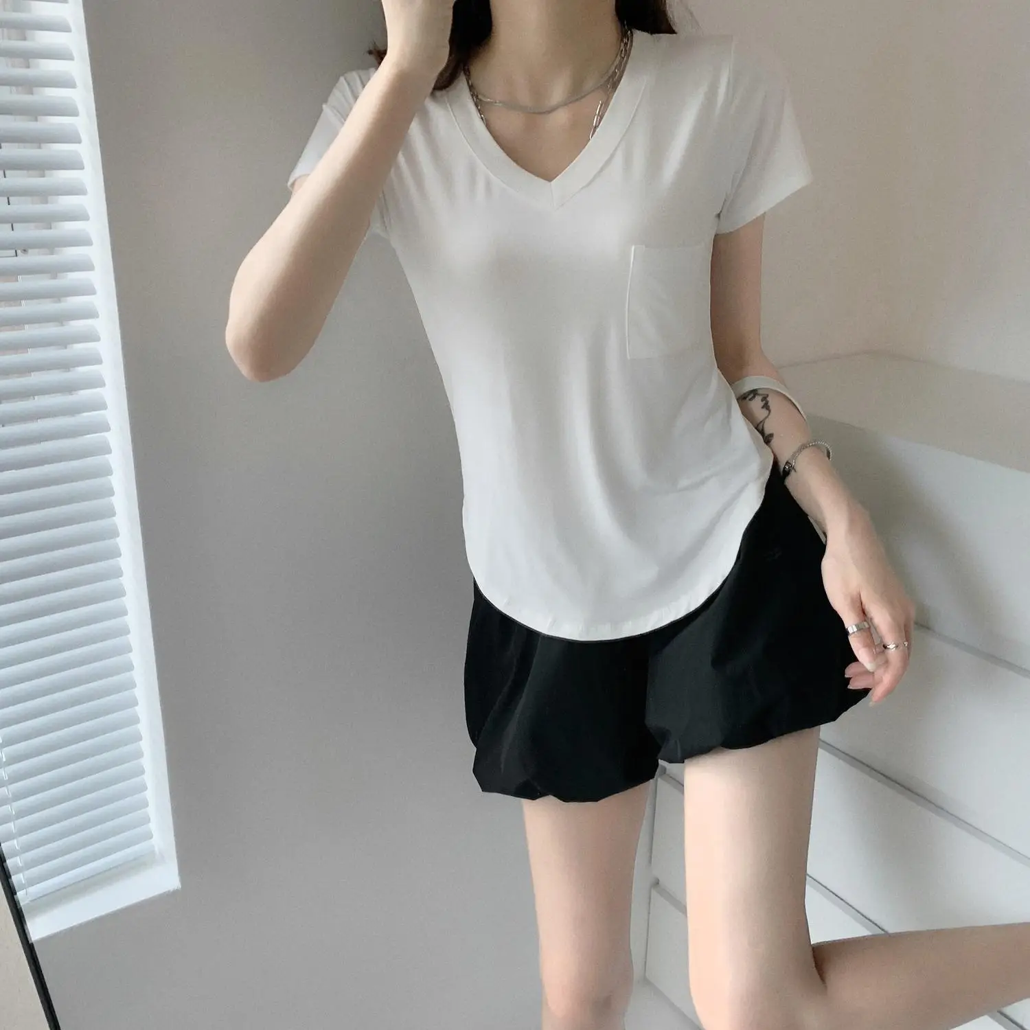 Women White V Neck Modal T-Shirt Summer Loose Slimming — feature 8