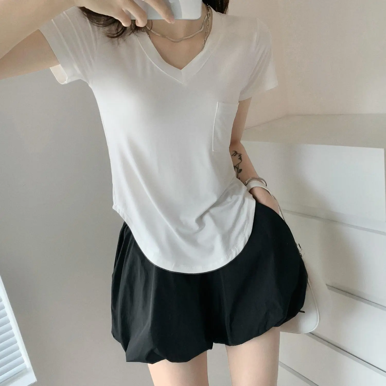 Women White V Neck Modal T-Shirt Summer Loose Slimming — feature 9
