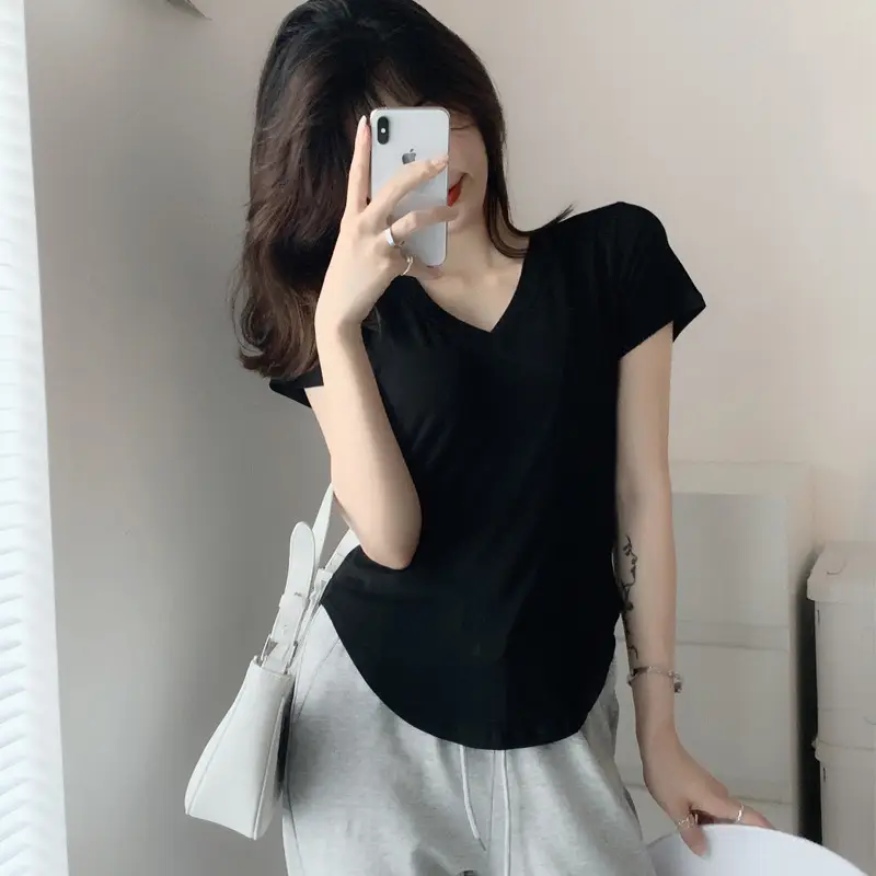 Women White V Neck Modal T-Shirt Summer Loose Slimming - Image 2