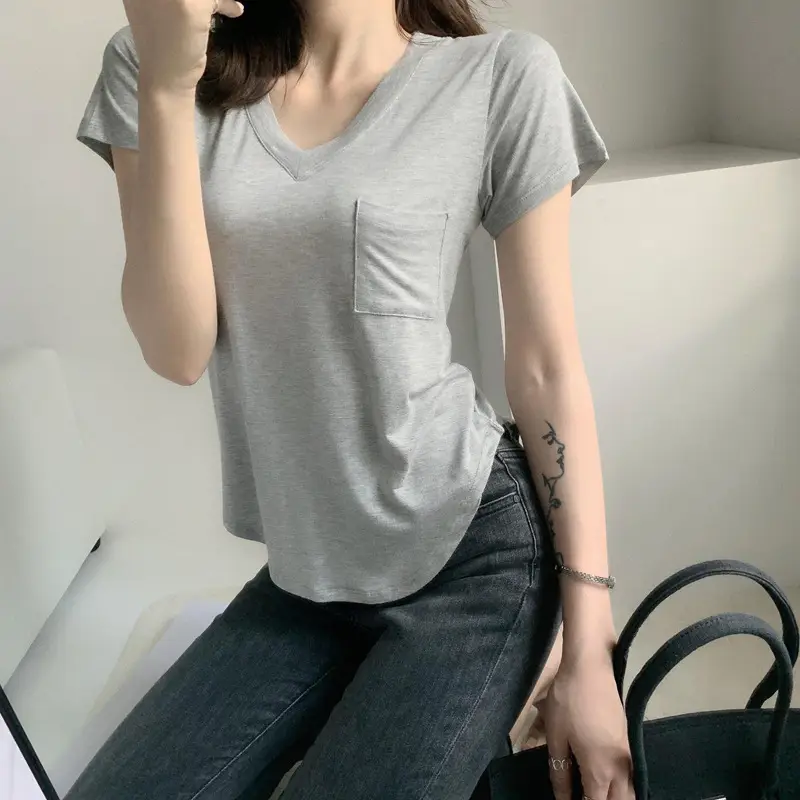 Women White V Neck Modal T-Shirt Summer Loose Slimming - Image 3