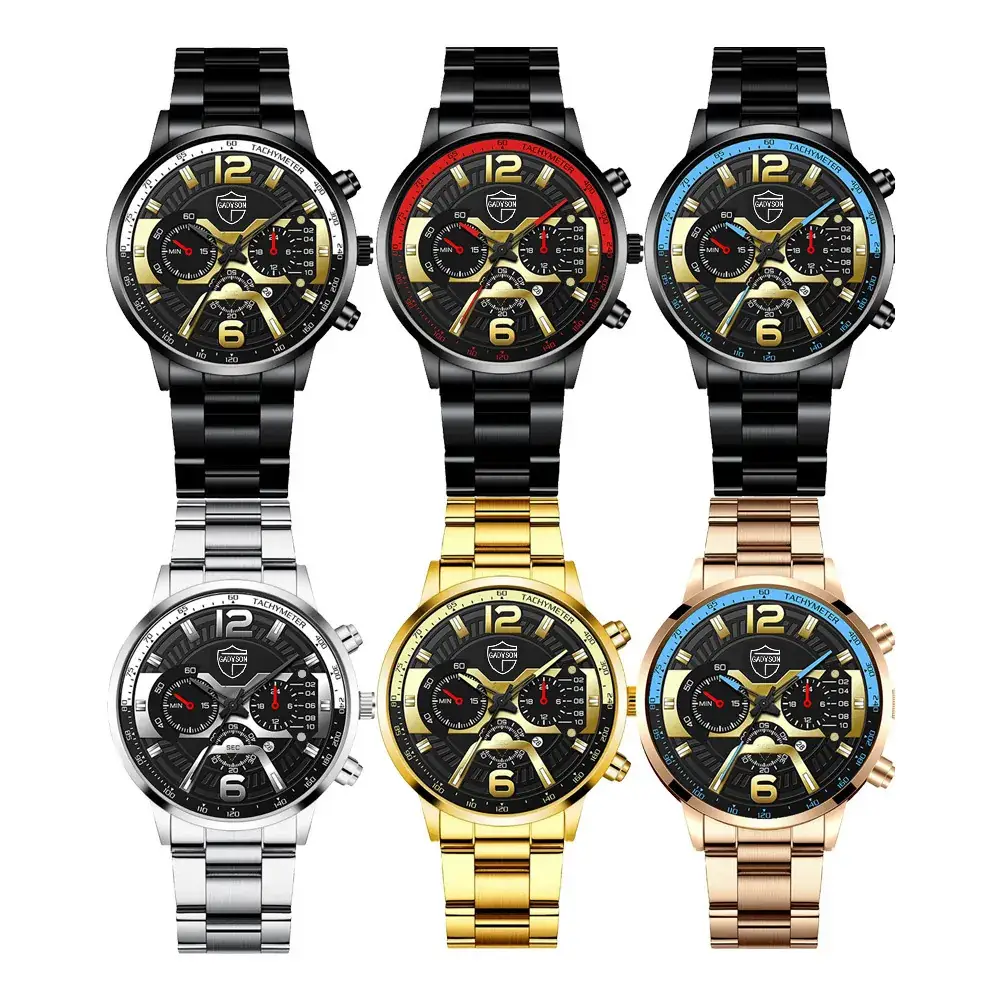 Men's Black Gold Chronograph Watch with Stainless Steel Band - Image 9