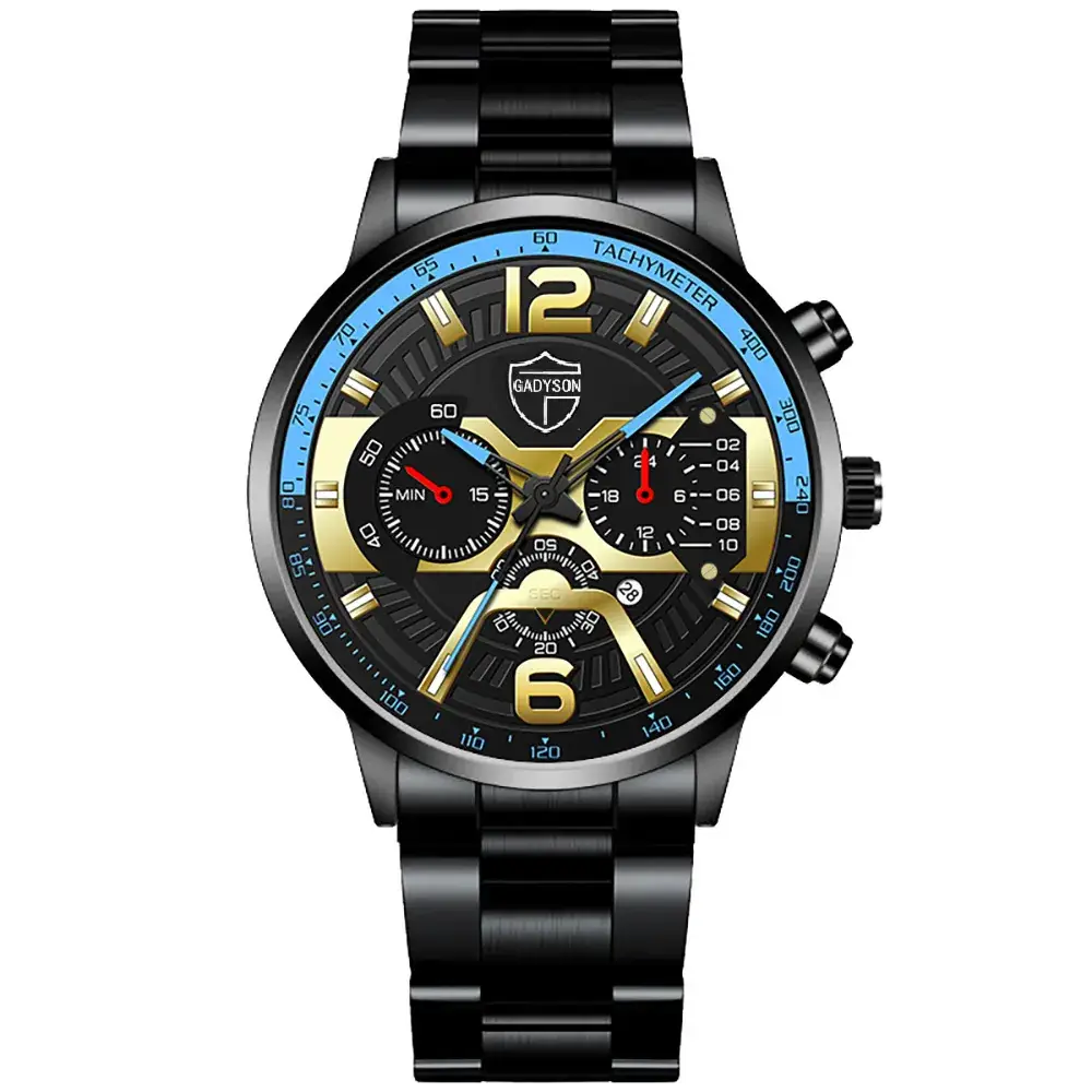 Men's Black Gold Chronograph Watch with Stainless Steel Band - Image 2