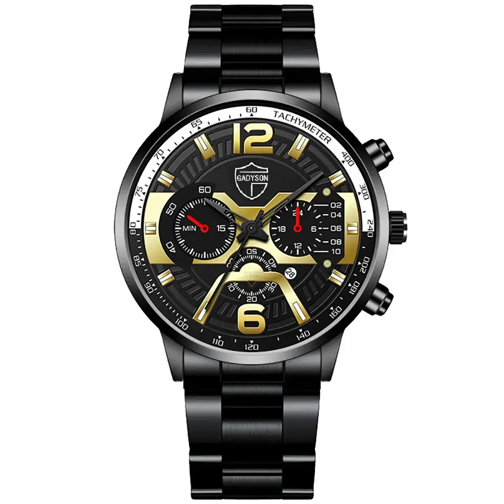 Men's Black Gold Chronograph Watch with Stainless Steel Band - Image 5