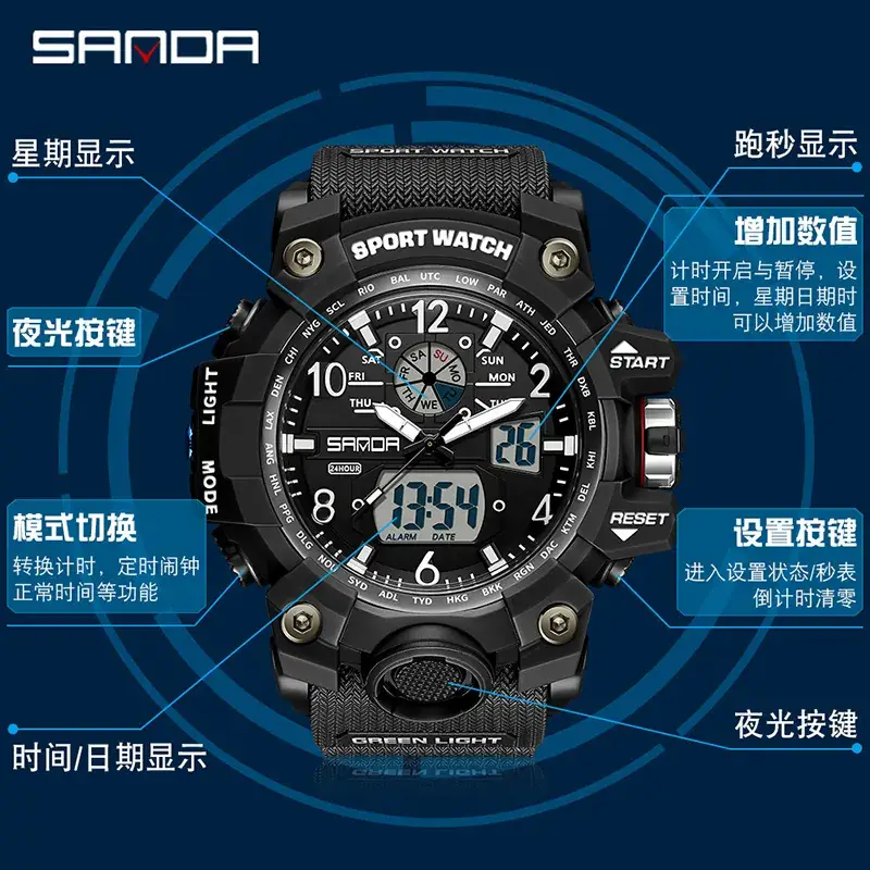 Sanda 3169 Black Digital Sport Watch Multi-Function - Image 97