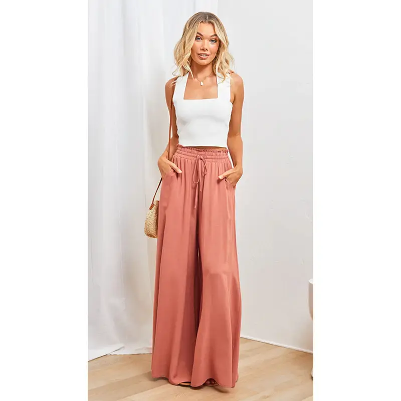 White Wide Leg Trousers with Elastic Waistband for Women - Image 13