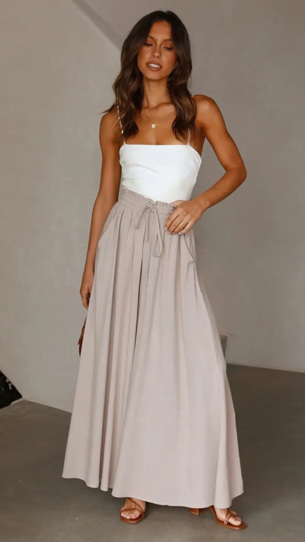 White Wide Leg Trousers with Elastic Waistband for Women - Image 3