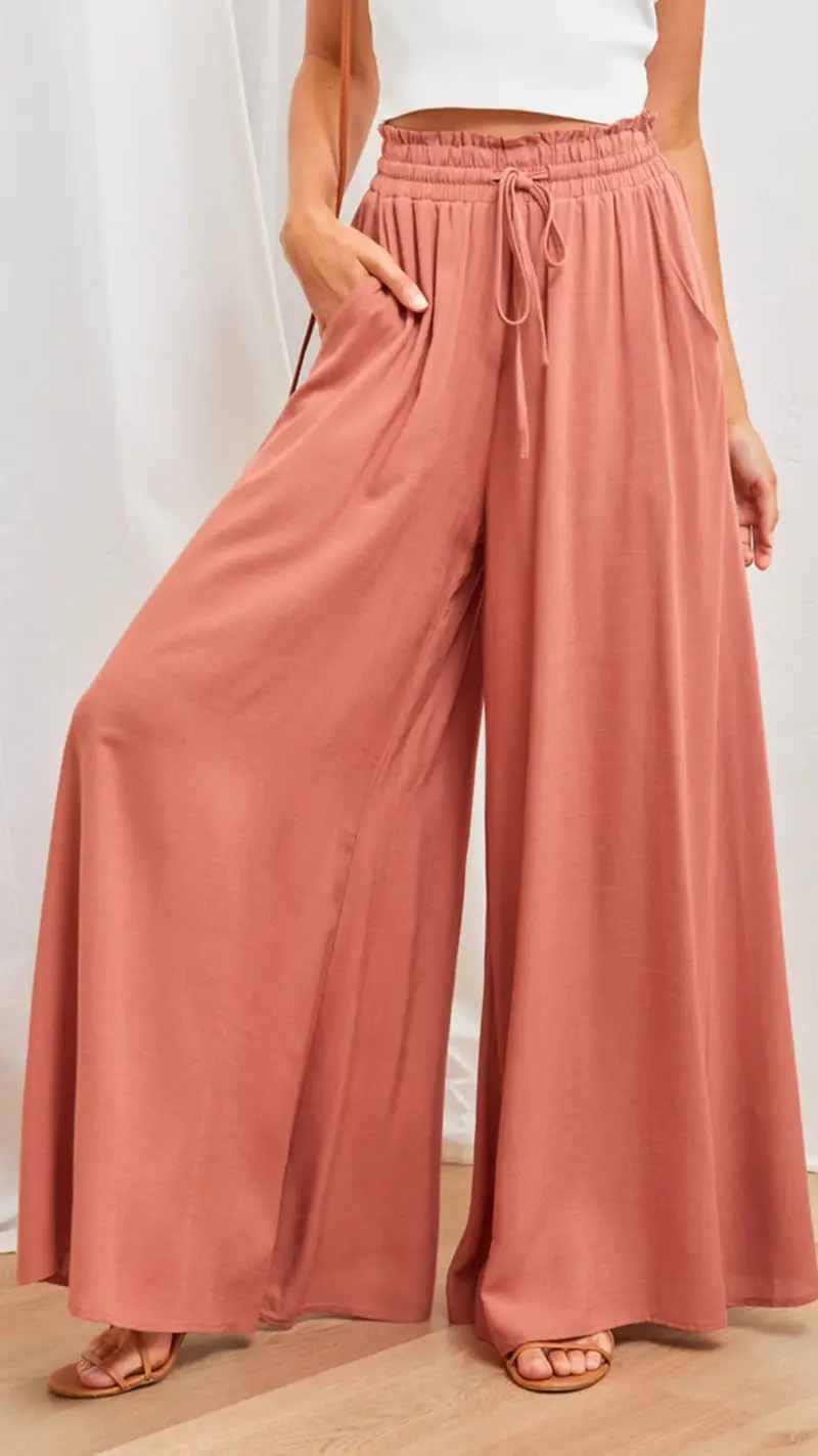 White Wide Leg Trousers with Elastic Waistband for Women - Image 4