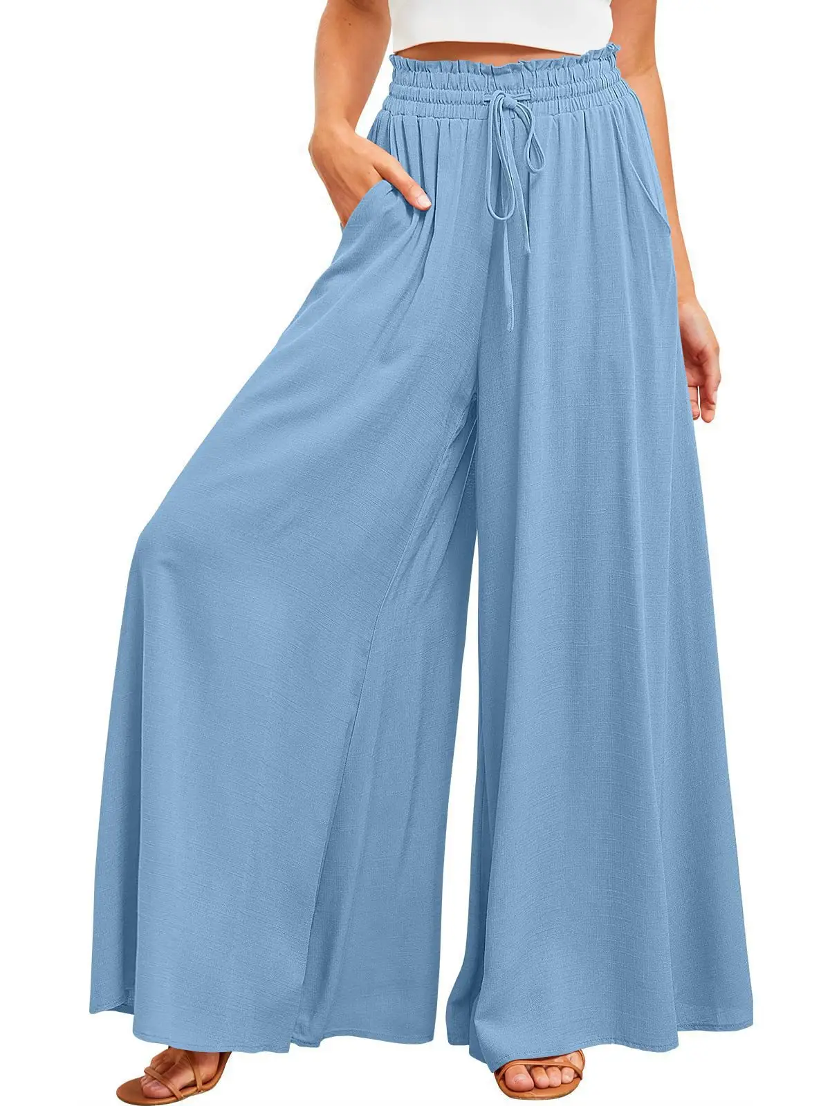 White Wide Leg Trousers with Elastic Waistband for Women - Image 6
