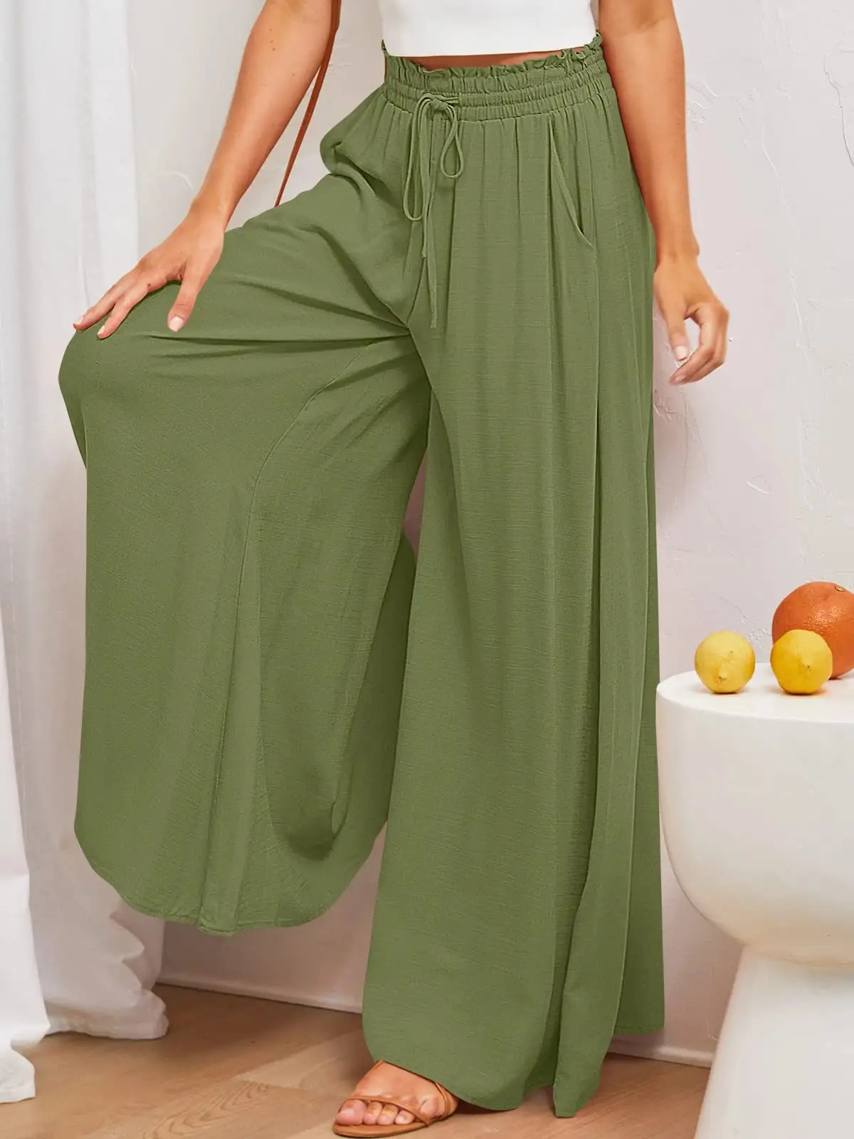 White Wide Leg Trousers with Elastic Waistband for Women - Image 8