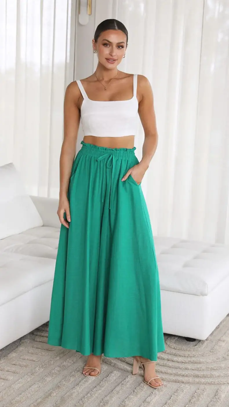 White Wide Leg Trousers with Elastic Waistband for Women - Image 9