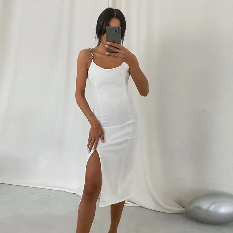 Black Split Hip Slim U-Neck Dress for Women - Image 6