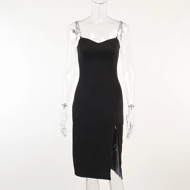 Black Split Hip Slim U-Neck Dress for Women — feature 13