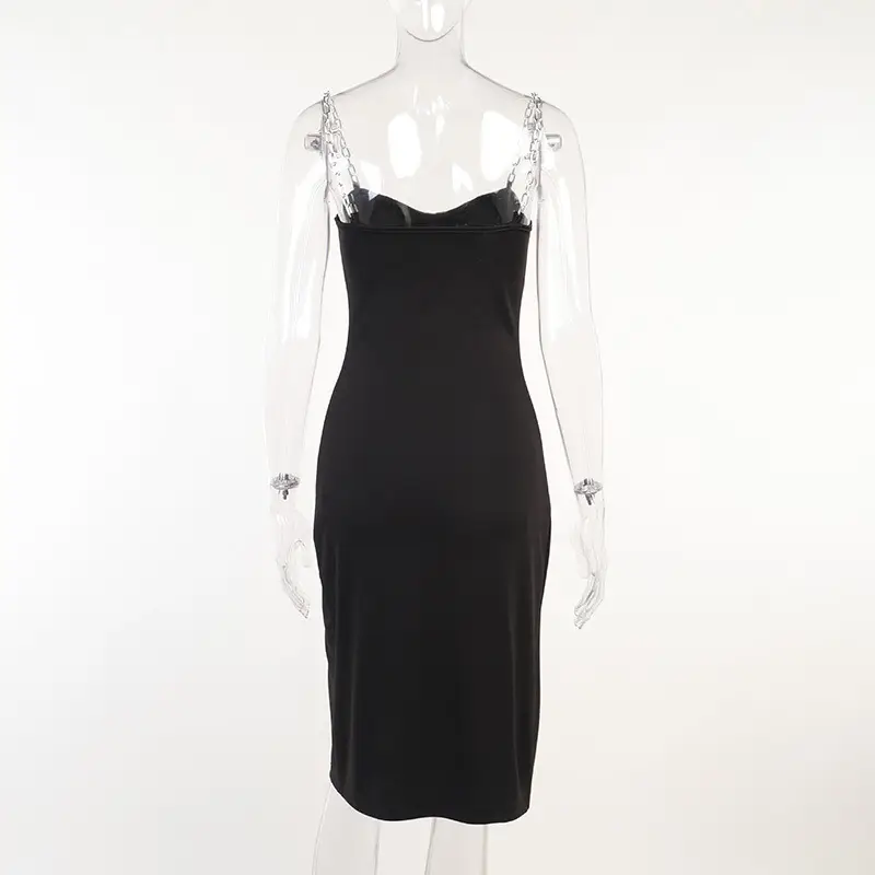 Black Split Hip Slim U-Neck Dress for Women — feature 14