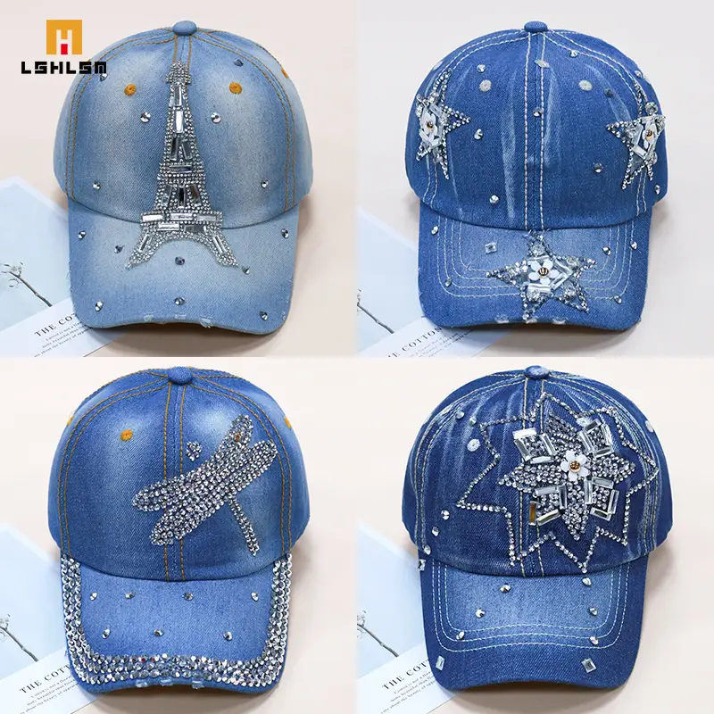 Women's Blue Embroidered Baseball Cap with Rhinestone & Floral Design - Image 5