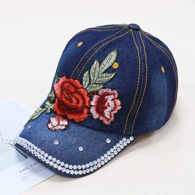 Women's Blue Embroidered Baseball Cap with Rhinestone & Floral Design - Image 7