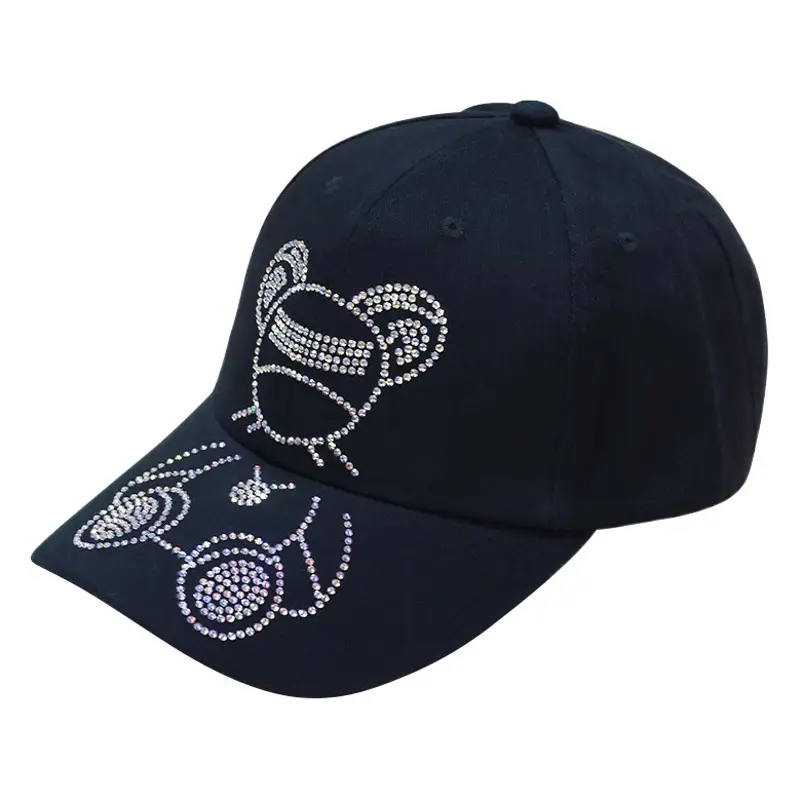 Women's Blue Embroidered Baseball Cap with Rhinestone & Floral Design