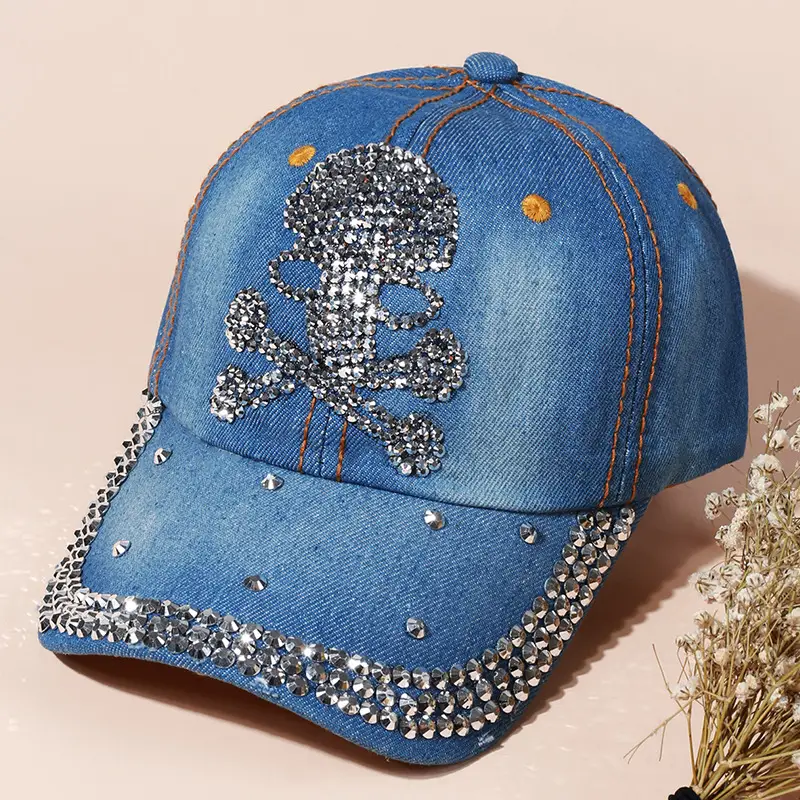 Women's Blue Embroidered Baseball Cap with Rhinestone & Floral Design - Image 3