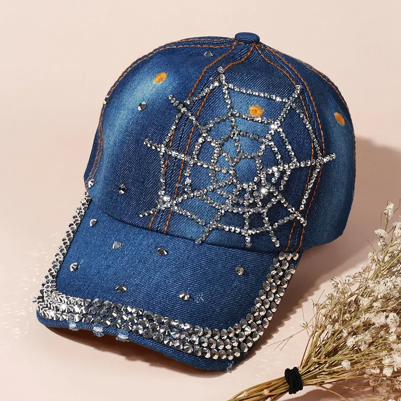 Women's Blue Embroidered Baseball Cap with Rhinestone & Floral Design - Image 4