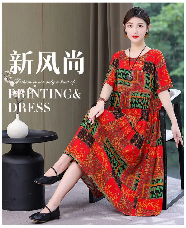 Women Mid-Length Cotton Silk Summer Dress Large Size — feature 13